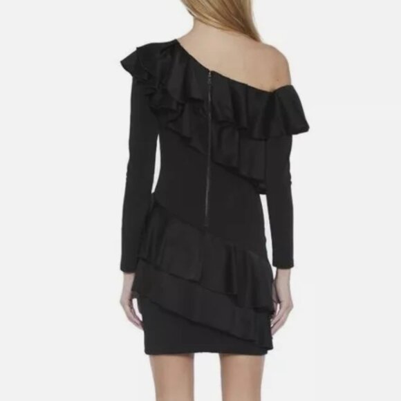 NWT Alice + Olivia Izzy One-Shoulder Black Asymmetrical Ruffle Dress Size 2 - Picture 2 of 12